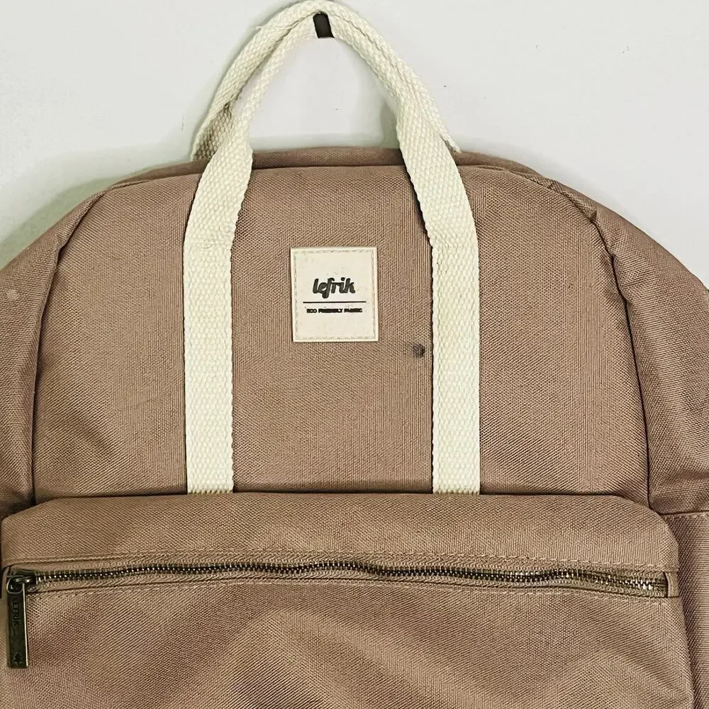 Lefrik Vegan Recycled Backpack Tote Khaki 12” x 13” x 3” Eco-Friendly Adjustable